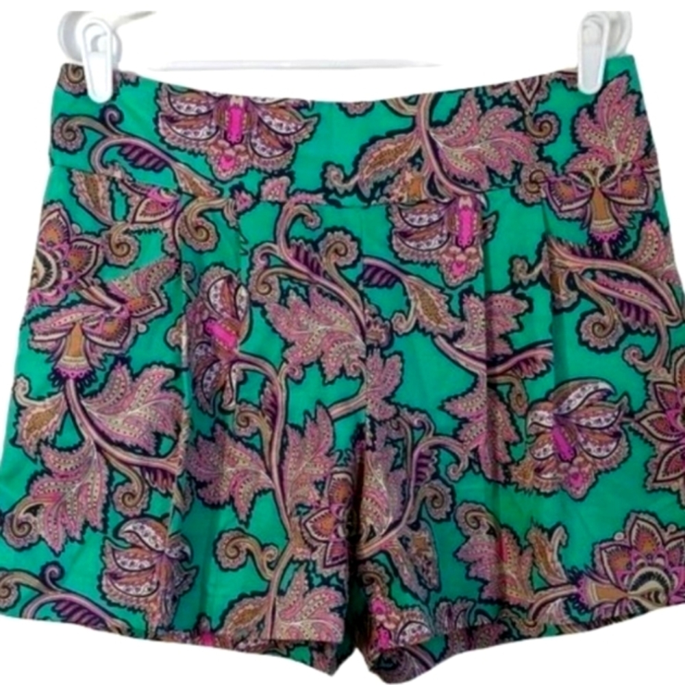 Ann Taylor LOFT Shorts Green Pink Pleated Paisley Dressy 8